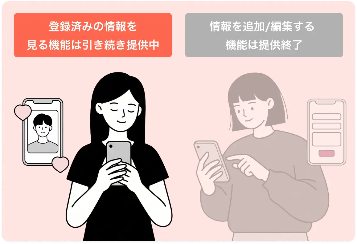 登録済みの情報を見る機能は引き続き提供中。情報を追加/編集する機能は提供終了。